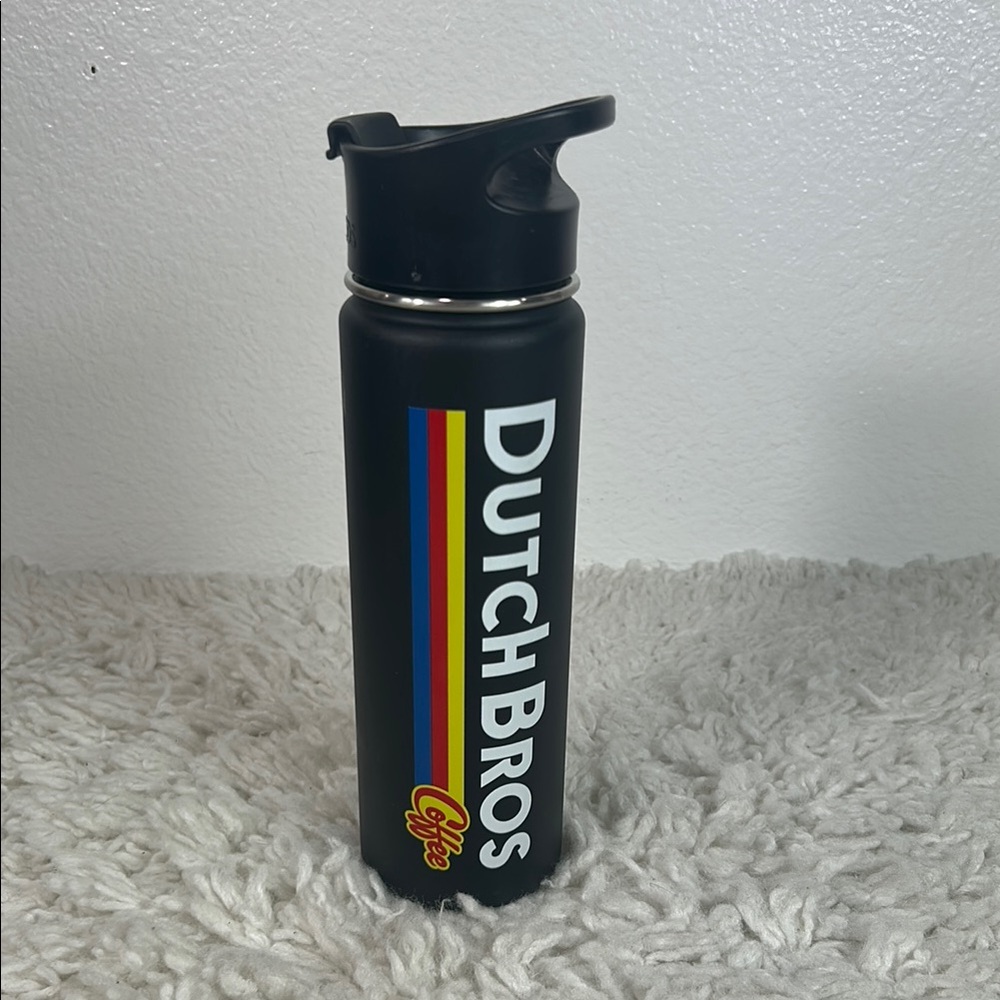 Dutch Bros Black Bottle with Colorful Stripes